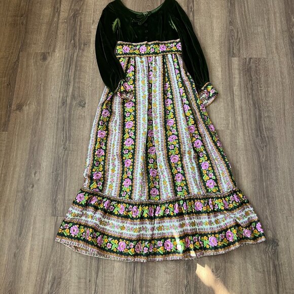 Vintage 70s Velvet Floral Cottage Prairie Peasant Maxi Dress Sz S - Picture 13 of 14